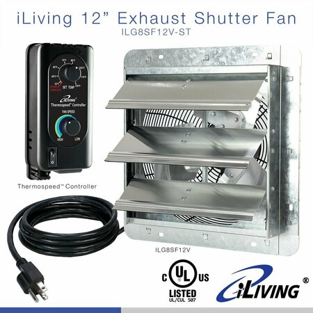 ILIVING Silver 12 in. Wall Mounted Shutter Exhaust Fan with Thermospeed Controller, 65-Watt, 960 CFM ILG8SF12V-ST